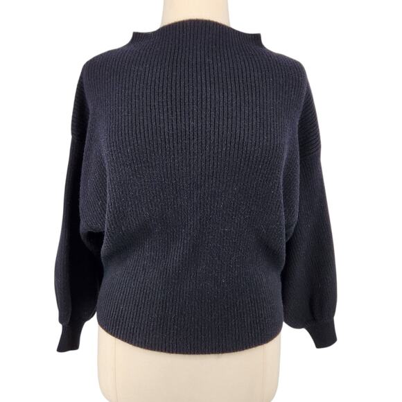 Line & Dot Rib Knit Sweater – Black Balloon Sleeve Mock Turtleneck Size Large - Picture 2 of 8